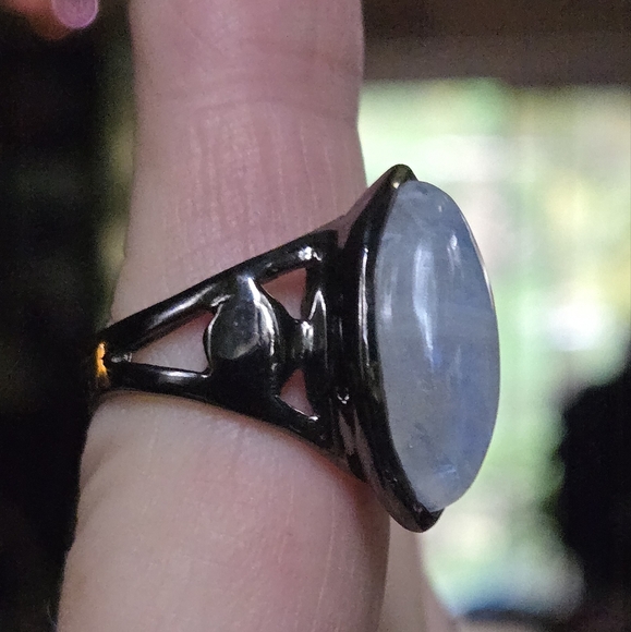 Moonstone 14k marquis cut STUNNING sterling & rhodium ring sz 7.5 - Picture 5 of 8
